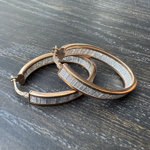 Vtg MILOR 925 Sterling Silver Gold Tone Hoop Earrings 1.5” Italy Sparkly Oval - Picture 6 of 10